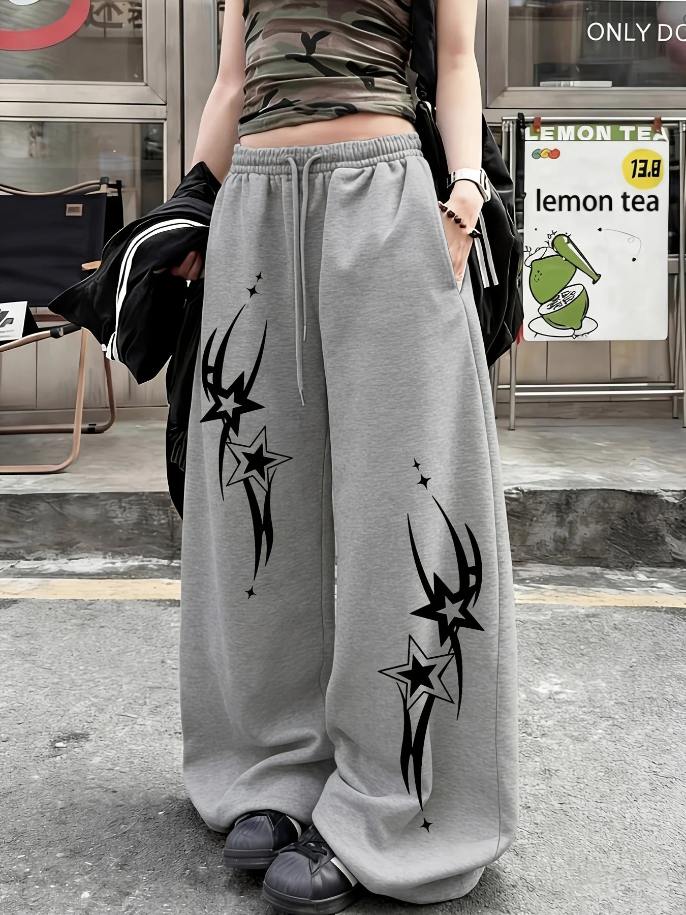 Women's Street Style Casual Sweatpants with Star Print Arrivals for Spring Fleece Loose Fit Streetwear Oversized
