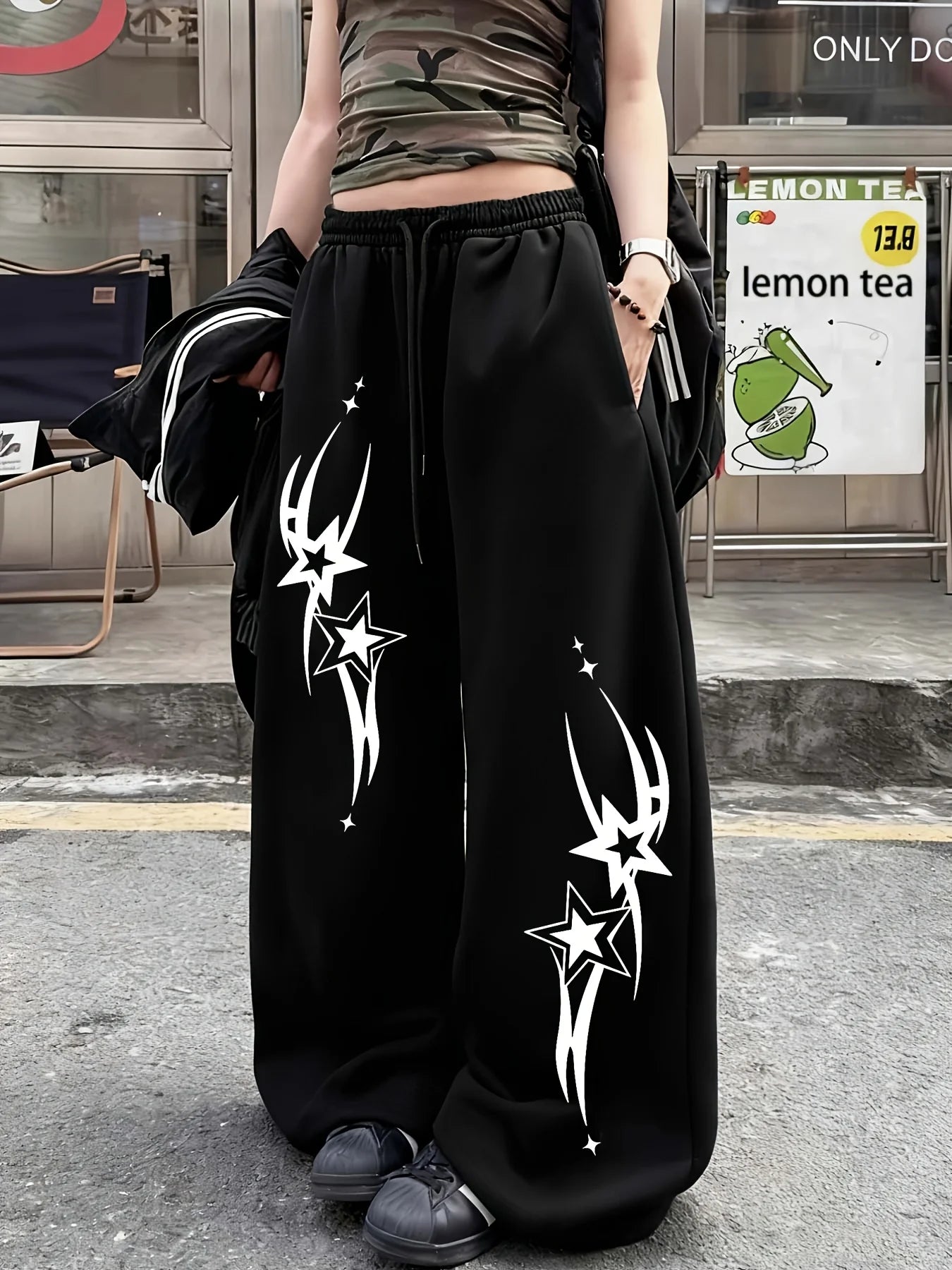 Women's Street Style Casual Sweatpants with Star Print  Arrivals for Spring Fleece Loose Fit Streetwear Oversized